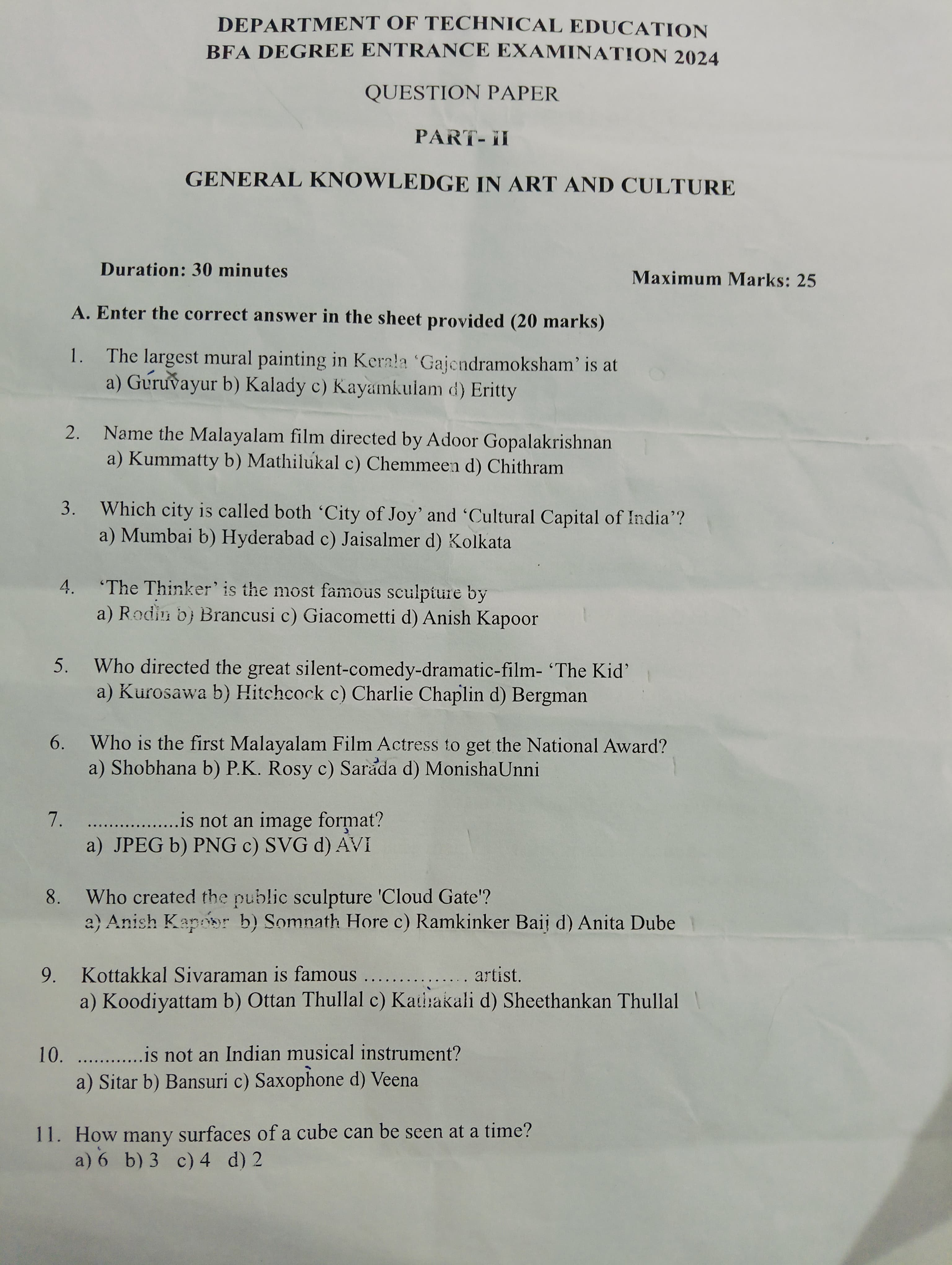 Kerala BFA Entrance General Knowledge & Aptitude Test Question Paper 2024