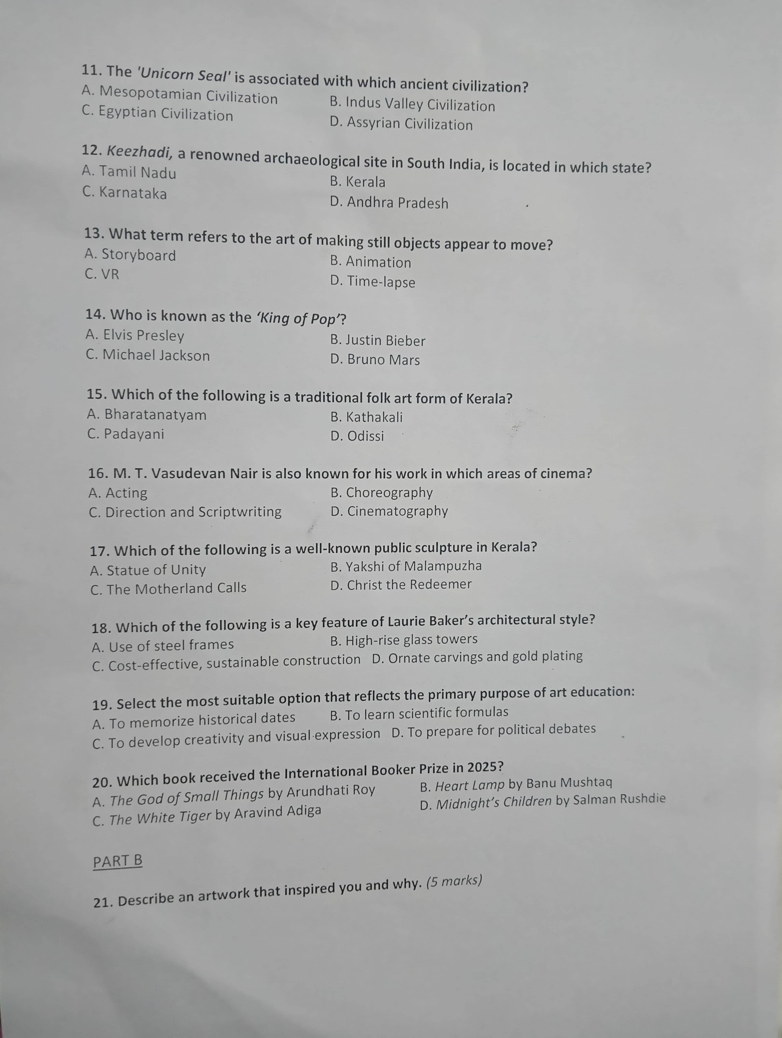 Kerala BFA Entrance General Knowledge & Aptitude Test Question Paper 2025 - Part 2
